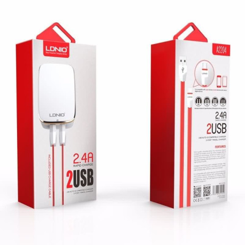شاحن كهرباء LDNIO A2204 منفذين USB 2.4A مع كابل